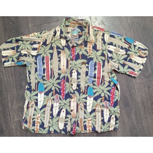Reyn Spooner Hawaiian Shirt Surf Long Board Chic Waikiki Beach Palm Tree Vintage